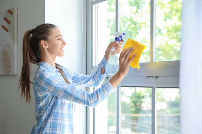 Woman cleaning a window.